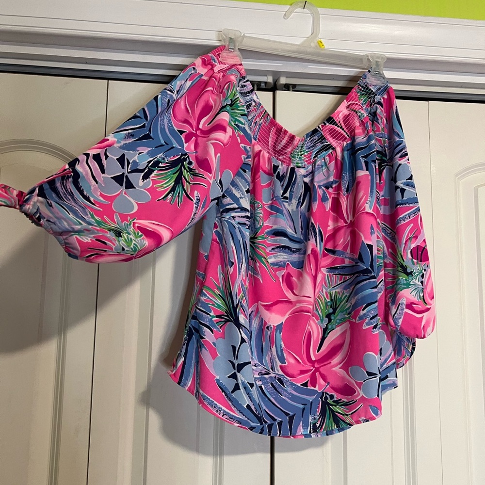 Lilly Pulitzer Maryellen Off-the-Shoulder Cockatoo Pink Pretty in Pink Blouse - Picture 4 of 5